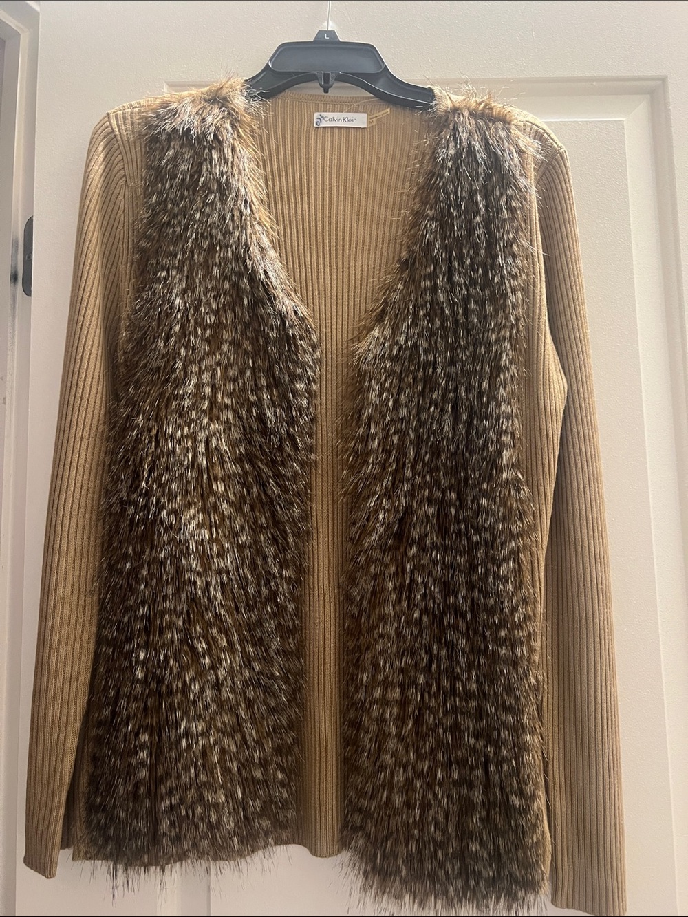 Calvin Klein Brown Faux Fur Trim Cardigan Sweater Jacket M